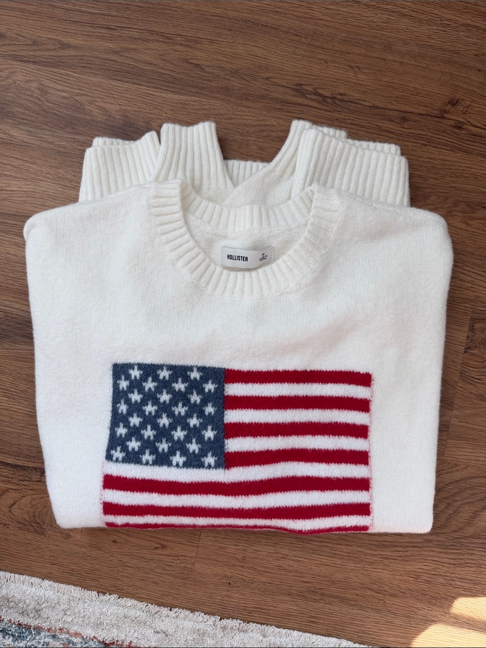 Hollister White Crewneck Sweater with American Flag Knit